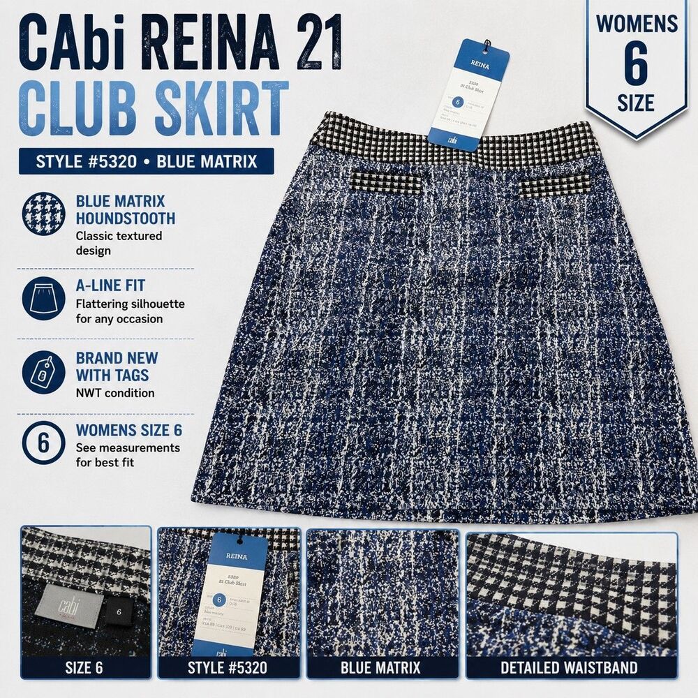 CAbi Reina 21 Club Skirt Womens 6 Blue Matrix Houndstooth NWT #5320